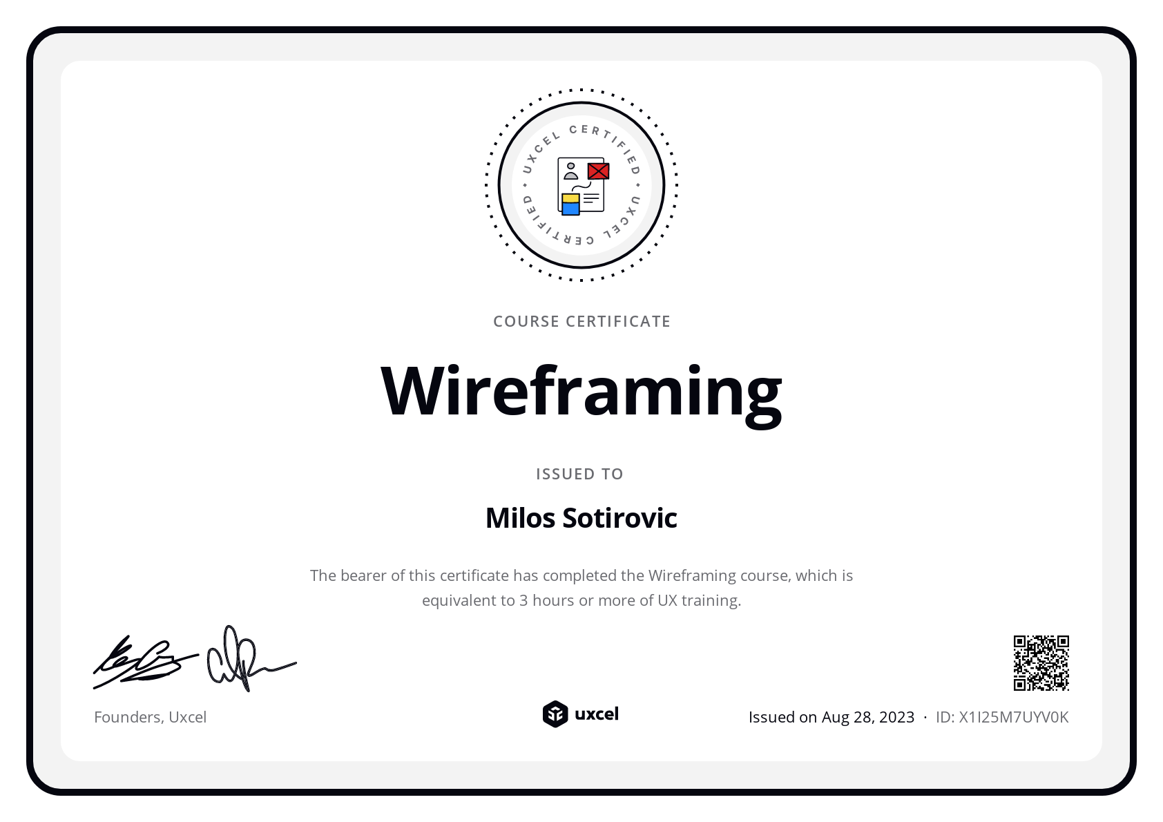 Milos Sotirovic's certificate